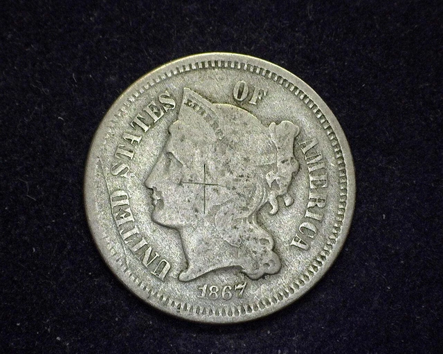 HS&C: 1867 Three Cent Nickel G Scratch - US Coin