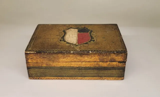Vintage Florentia Toleware Italy Wood Box | Gold & Dark Green Shield Crest