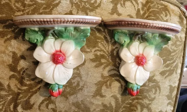 Pair of Vtg Strawberry Chalkware Wall Shelves Shabby Chic Cottage Bookends