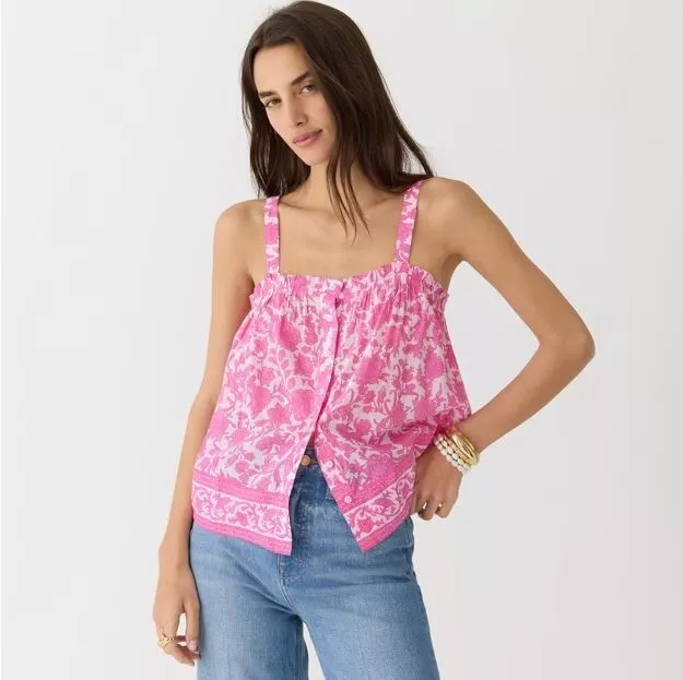 New J Crew Women Pink Rosebud Floral Smocked Tank Top Button Front Placket Sz L