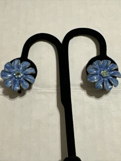 Vintage Silver Blue Enamel Flower Earrings Danish