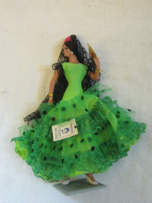 1980's Marin Chiclana Spanish 8" Doll Flamenco Dancer Green Gown Holding Fan