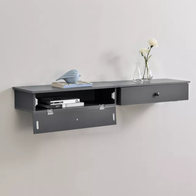 Set de 2 x Estantes de Pared con Compartimento Mesita de Noche con Cajón Gris