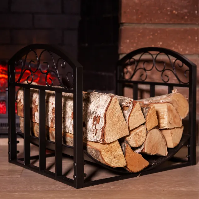 Barton 18" Wrought Iron Log Rack With Scroll Design Fireplace Firewood, Black