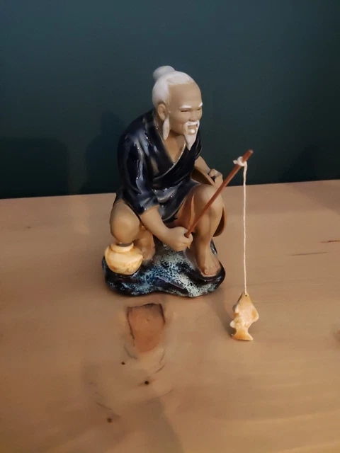 Vintage Chinese Mudman Shiwan Figure  Fisherman with Rod and Fish