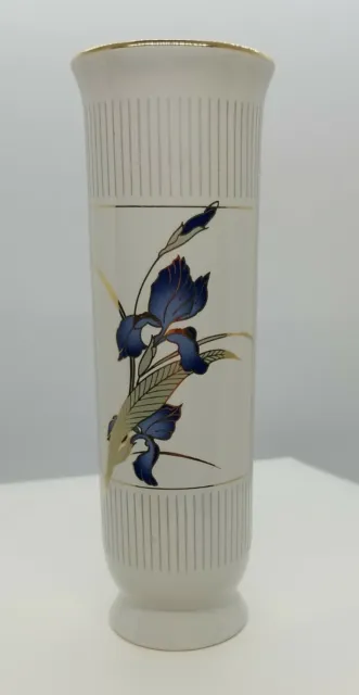Vintage Grand Iris Otagiri Japan Bud Vase Blue/Purple Iris with Gold Trim White