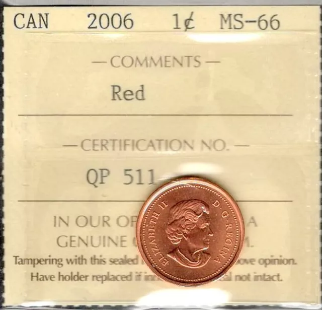 2006 Small Cent ICCS MS-66 RED GEM+ BU ** STUNNING Elizabeth II Canada Penny