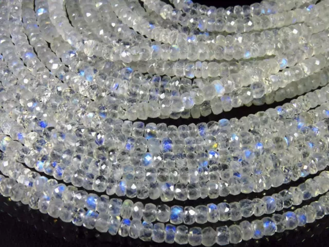 10" Strand Blue Flash Rainbow Moonstone Faceted 3-3.5 mm Rondelle Natural Beads