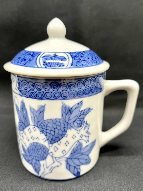 MUG CUP Lid Top Porcelain Tea Coffee Cobalt Blue White Handle Floral Fruit
