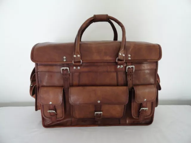 22" Real Brown Leather Weekend Traveling Luggage Handbag Hold-All Bag Suitcase