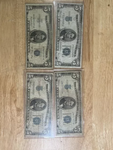 Lot Of 4 Blue Seal Silver Certificate 5 Dollar Bills Circulated
