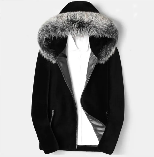 Mens Winter Warm Faux Fur Jackets Outwear Casual Fur Collar Hooded Parka Coats