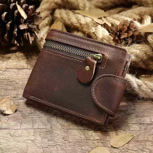 Mens Wallet Genuine Leather RFID Zipper Bifold Credit Card Holder Pocket Purse