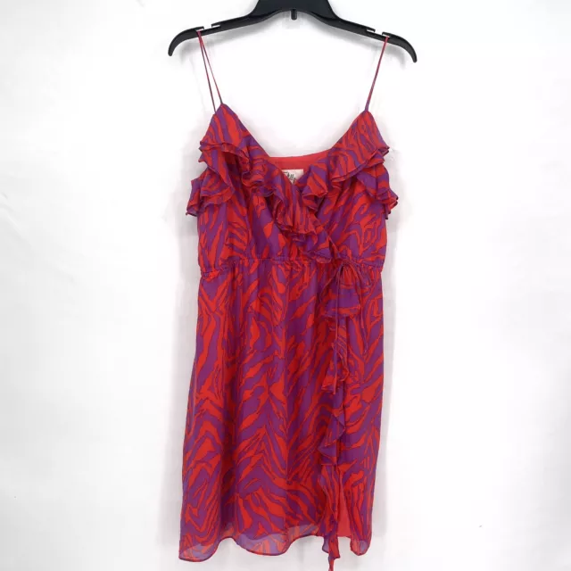 Milly Spaghetti Strap V Neck Ruffle Animal Print Silk Dress Red & Purple Size 12