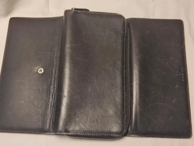 Coach Black Leather Trifold Wallet, CC slots, pockets, zippers, Embossed Logo