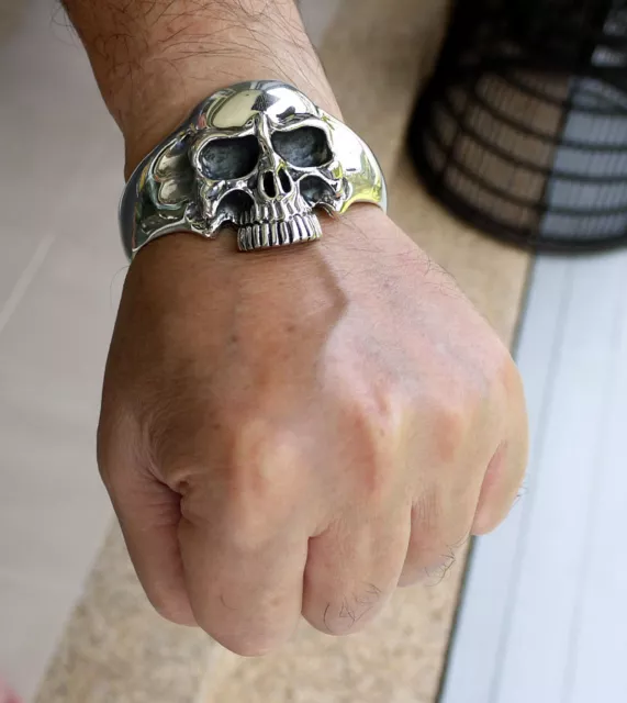 Heavy Phantom Skull 925 Sterling Silver Mens Cuff Bracelet Rider Biker Harley