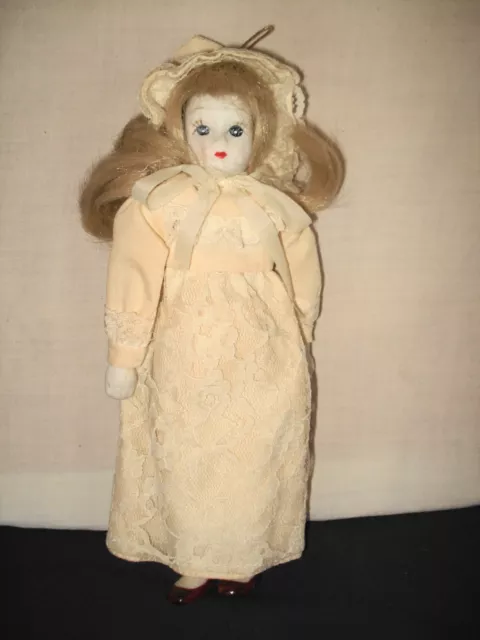 Vtg Bisque Porcelain Doll 8" Lined Cream Lace Dress Holiday Ornament -Soft Body