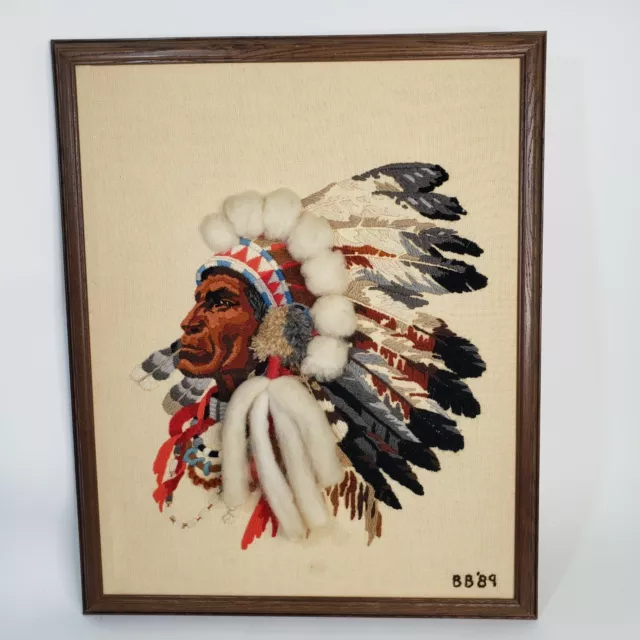 Jefe indio nativo americano bordado crewel enmarcado de colección 3D 17,5X21,5