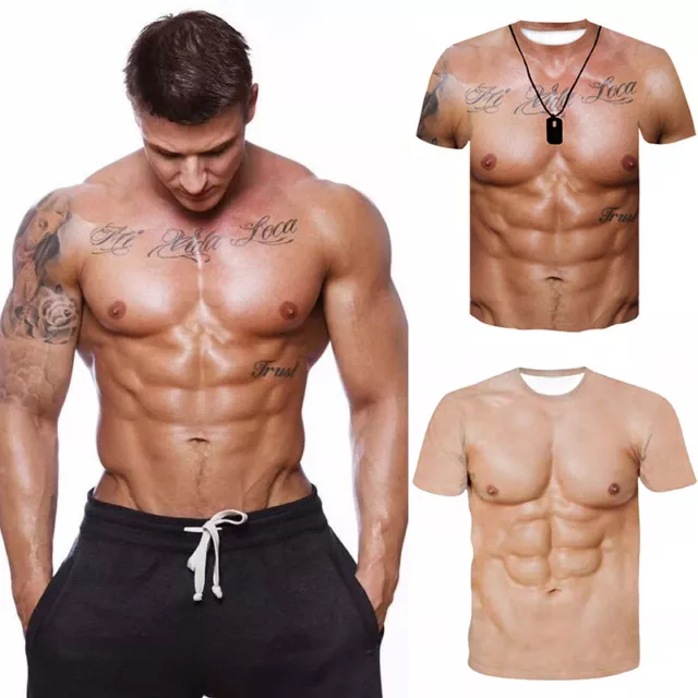 Realistic Fake Male Chest Abdominal Muscle Simulate Vest  Pullover Tee Top USA
