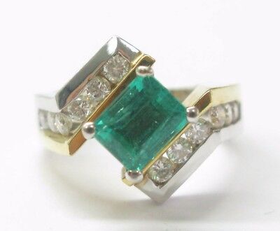 18Kt NATURAL Gem Green Colombian Emerald Diamond Anniversary Ring WG / YG 2.10CT