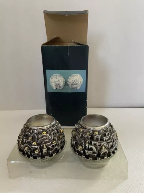 Pair Vtg. Massive KARSHI JERUSALEM 925 Silver Plate Gold Accents Candle Holders