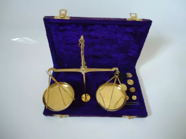 Small Set Brass Scales In Blue Velvet Box With 50 Gram Weight Antique Style Gift