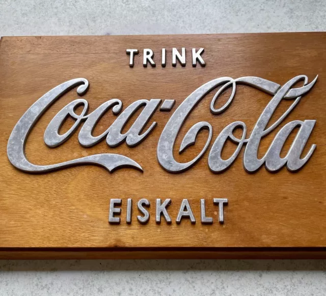 Original altes Coca Cola Werbeschild Edelstahl auf Echtholz ca. 1945-1955