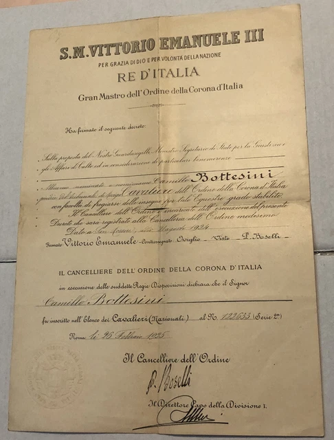 1924 VEIII Diploma Cavaliere Ordine Corona d’Italia, Pretore Rovigo, Originale