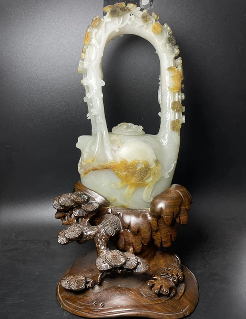 Chinese Exquisite Handmade Flowers and Bird carving Hetian Jade Teapot Statue