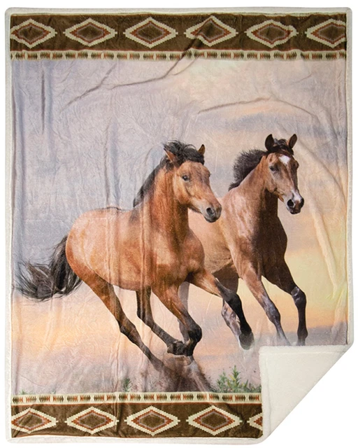 Carstens Home Wild Horses Plush Sherpa Throw Blanket Brown