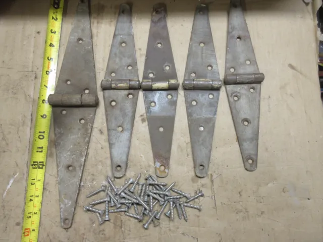 5 vintage old barn gate strap hinges 4-12" & 1-16" Plus 42 ss screws 1-1/4", #12