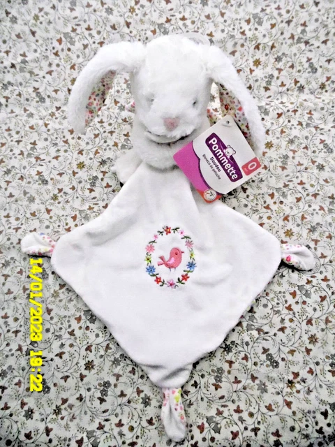 Doudou mouchoir lapin POMMETTE blanc brodé Mon petit coeur - SOS