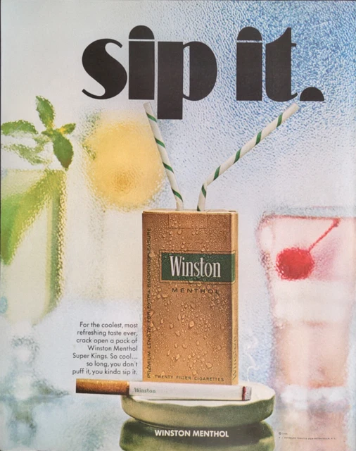 1968 WINSTON MENTHOL Cigarettes Print Ad Super Kings Cocktail Drink