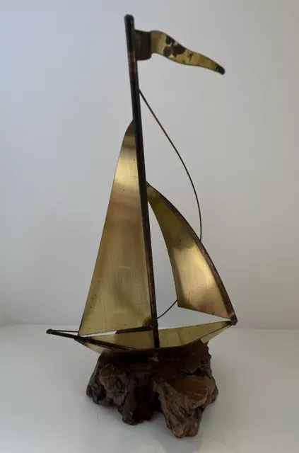 Vintage Brass Metal Sail Boat Sculpture On Wood Base MCM Nautical Ship Sailing