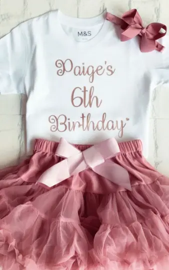 Girls Personalised Custom Six 6th Sixth Birthday Outfit Tutu Skirt Dusky Pink