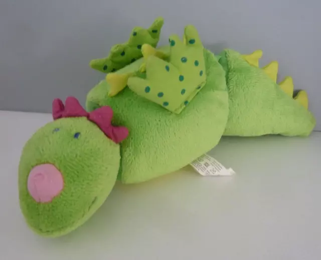 W7. DOUDOU HOCHET HABA DRAGON Vert rose 27cm  bruit de boule en bois TBE