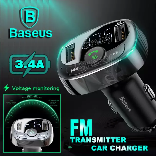 Baseus Handsfree Wireless Bluetooth FM Transmitter Radio Dual USB Car Charger