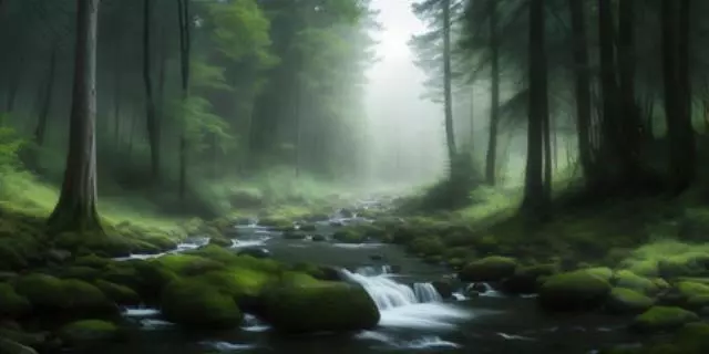 Landschaftsansicht von Wald und Bach, erstellt mit generativer KI-Technologie (2