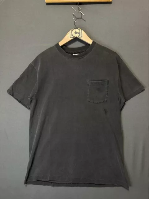 Vintage Hanes Pocket Shirt Mens Large Black Faded 90s Distressed Single stitch