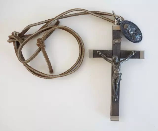 Vintage Crucifix 4" Wood & Metal w/ Leather Necklace Religious Catholic Cross