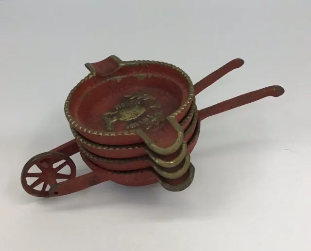 Vintage Hakuli Brass Painted Red Wheelbarrow With Stacking Ashtrays