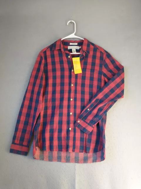 HM Mens Button Shirt Small Regular Red Blue Check Long Sleeve Collared Casual