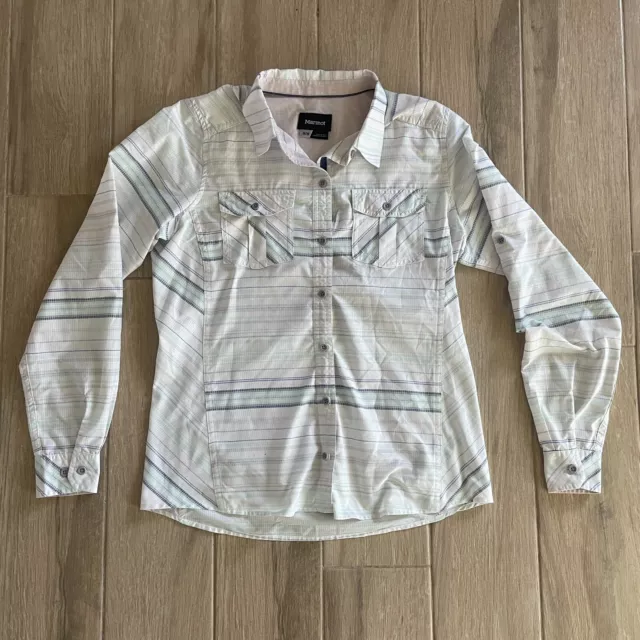 Marmot Lillian Button Down Shirt Womens Medium White Striped Long Sleeve Outdoor