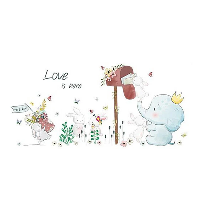Dibujos animados elefante conejo animal pegatina de pared habitación infantil decoración papel pintado de vinilo