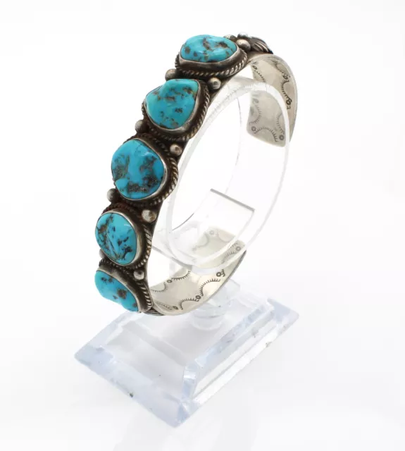 Vintage Navajo Sterling Silver Stampwork Turquoise Signed Cuff Bracelet #S887-3