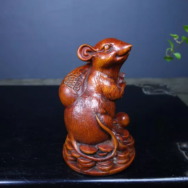 Chinese Boxwood Wood Carved Exquisite Rich Mouse Statue Wooden Figurines Art