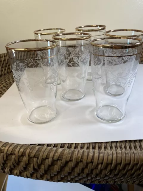 Vintage Bartlett Collins 6 gold rim etched grape tea water  5 1/2” tall glasses