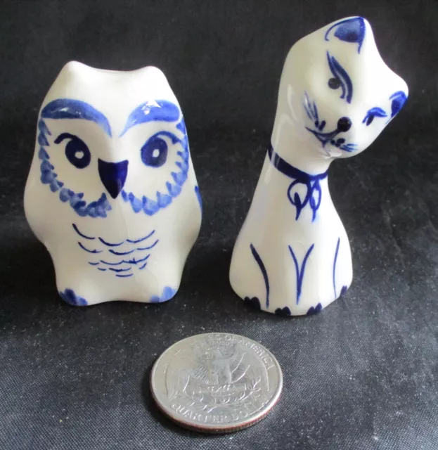 Vintage Miniature Porcelain Owl & Cat Hand Painted Delft Style Decoration