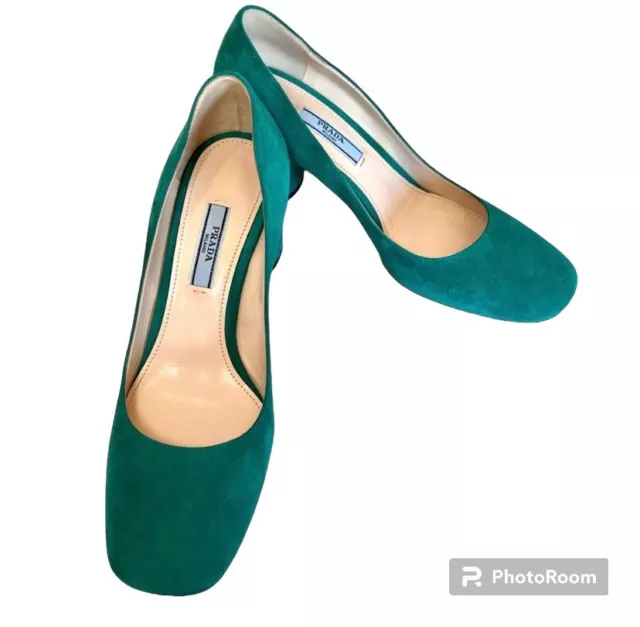 Prada Women’s Suede Pumps Square Toe Emerald Color Size 37