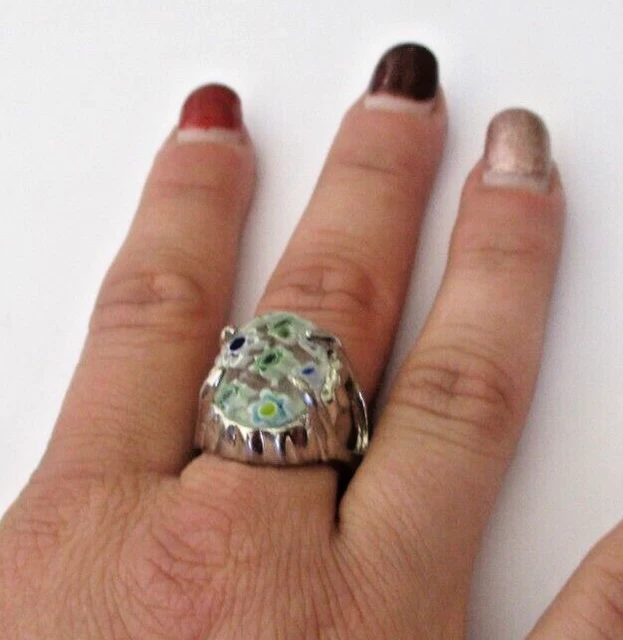 Bague Vintage Argentée Avec Inclusion Verre Millefiori - Taille 50, Occasion Patinée